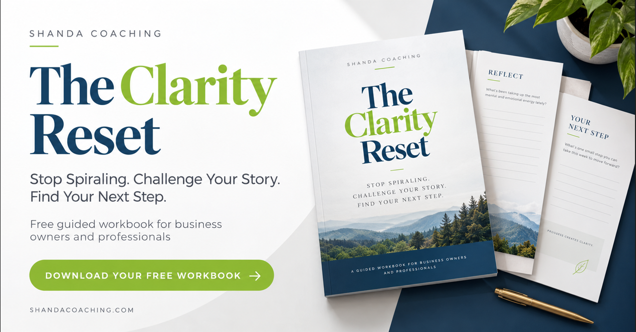 The Clarity Reset free self-reflection workbook from Shanda Coaching, shown with its cover and interior reflection pages